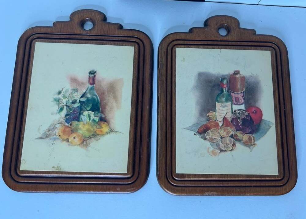 Vintage Still Life Fruit and Wine Bottle Wooden Wall Plaques Set